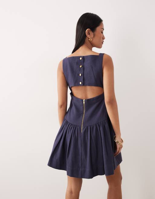 ASOS DESIGN - Robe d'été courte ajustée et évasée à col en V - Bleu marine , 2 de 4