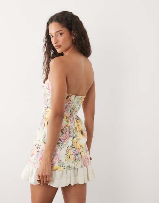 ASOS DESIGN - Robe d'été courte bandeau en coton satiné avec ourlet à volants - Babeurre à fleurs vintage, 4 de 4