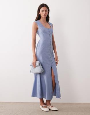 Robe d'été courte boutonnée à encolure carrée - Bleu jean 44
