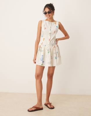 Robe d'été courte boutonnée à imprimé Spicy avec taille basse et encolure bateau-Multicolore 32