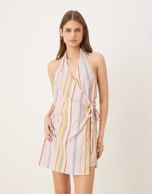 Robe d'été courte cache-caur dos nu en coton et lin à rayures mélangées - Pastel-Multicolore 44