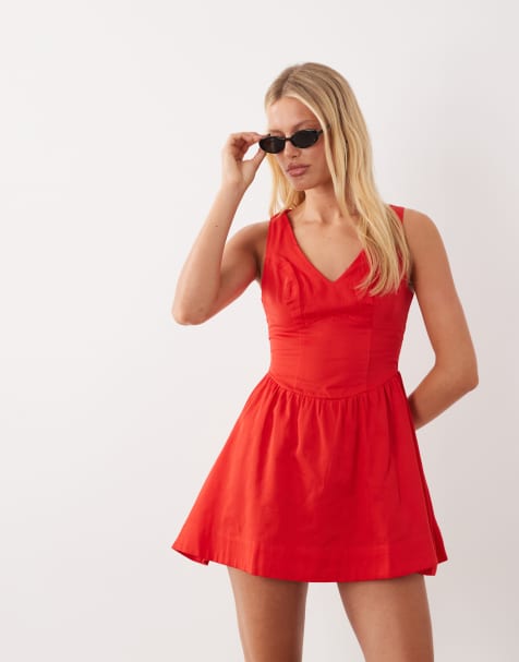 ASOS DESIGN - Robe d'été courte cintrée à la taille à col V et détails surpiqûres - Rouge vif - view 1