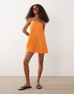 Robe d'été courte coupe bandeau en lin et coton - Orange mandarine 36