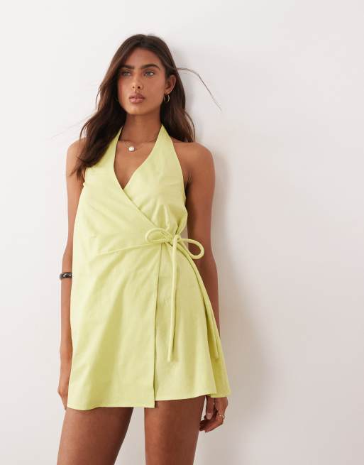 ASOS DESIGN - Robe d'été courte coupe portefeuille en coton et lin à dos nu - Pistache, 2 de 4