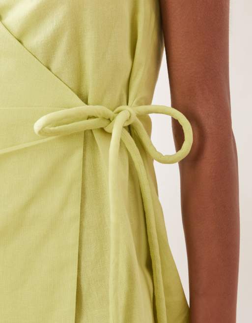 ASOS DESIGN - Robe d'été courte coupe portefeuille en coton et lin à dos nu - Pistache, 3 de 4