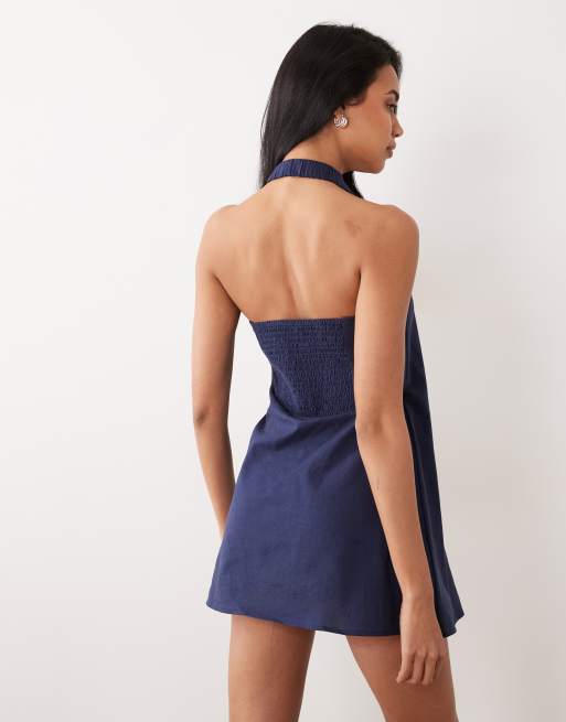 ASOS DESIGN - Robe d'été courte coupe portefeuille en coton et lin avec dos nu - Bleu marine , 4 de 4