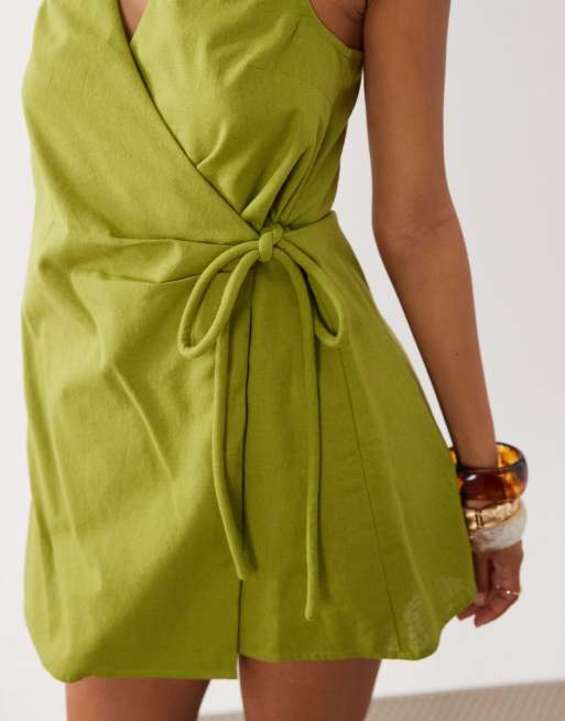 ASOS DESIGN - Robe d'été courte coupe portefeuille en coton et lin avec dos nu - Citron vert foncé, 3 de 4