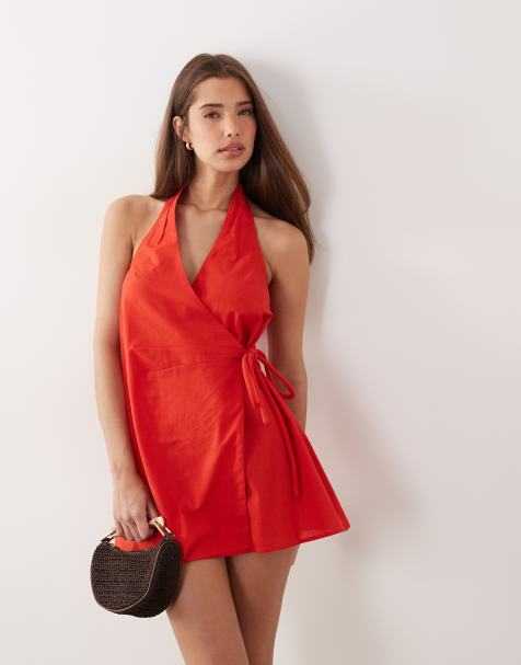 ASOS DESIGN - Robe d'été courte coupe portefeuille en coton et lin avec dos nu - Rouge - view 1