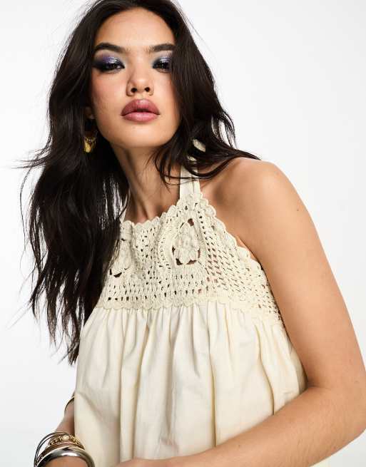 ASOS DESIGN - Robe d'été courte coupe trapèze dos nu en crochet - Crème, 3 de 4