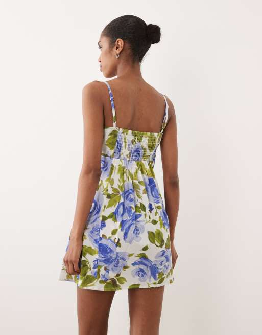 ASOS DESIGN - Robe d'été courte en coton et lin imprimé fleuri avec bretelles fines et buste travaillé - Bleu , 4 de 4
