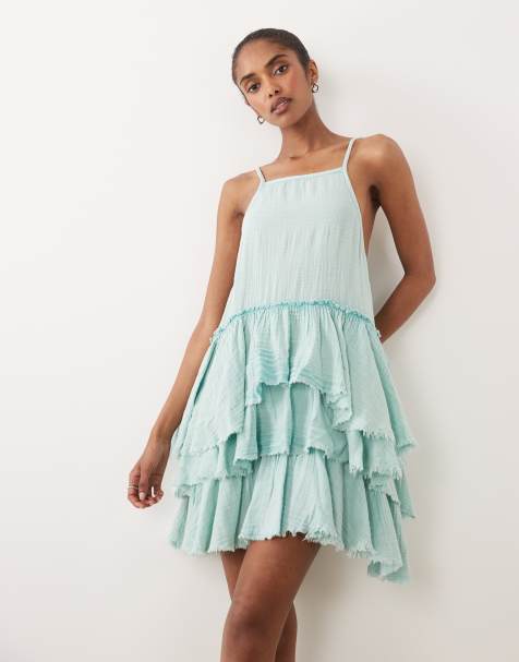 ASOS DESIGN - Robe d'été courte en double gaze avec volants effet usé - Bleu océan délavé - view 1