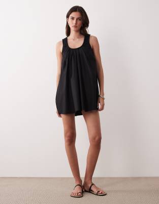 Robe d'été courte en popeline à encolure froncée dégagée - Noir 38