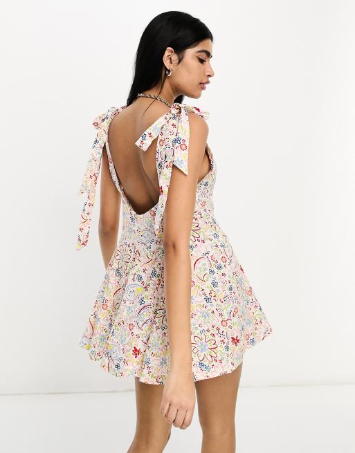 ASOS DESIGN Robe d t courte fluide en lin avec liens nouer et godets Petites fleurs