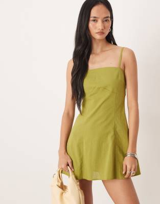 Robe d'été courte style bustier en coton et lin à bretelles - Citron vert foncé 46