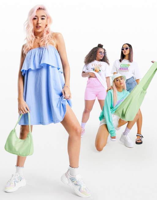 ASOS DESIGN - Robe d'été en chambray à encolure carrée et volants superposés - Bleu