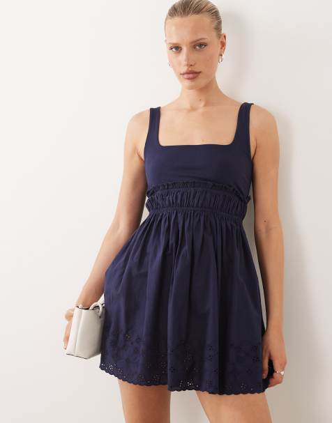 ASOS DESIGN - Robe d'été en coton à encolure carrée et fleurs ajourées - Bleu marine - view 1