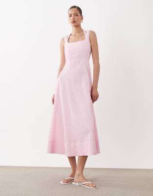 Robe d'été longue à carreaux vichy avec encolure carrée et buste ajouré - Rose-multicolore 34