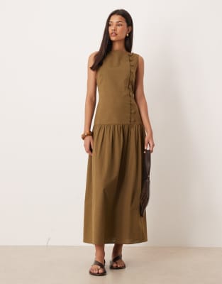 Robe d'été longue asymétrique style gilet de tailleur à encolure bateau et taille basse - Olive-Vert 46