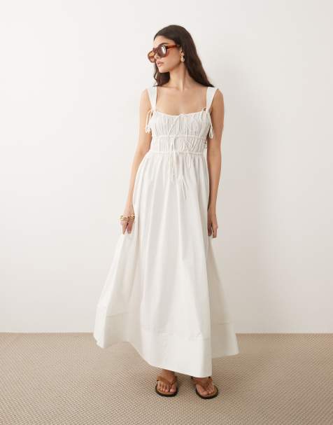 ASOS DESIGN - Robe d'été longue avec corsage froncé, jupe évasée et ourlet à surpiqûres multicolores - Blanc - view 1