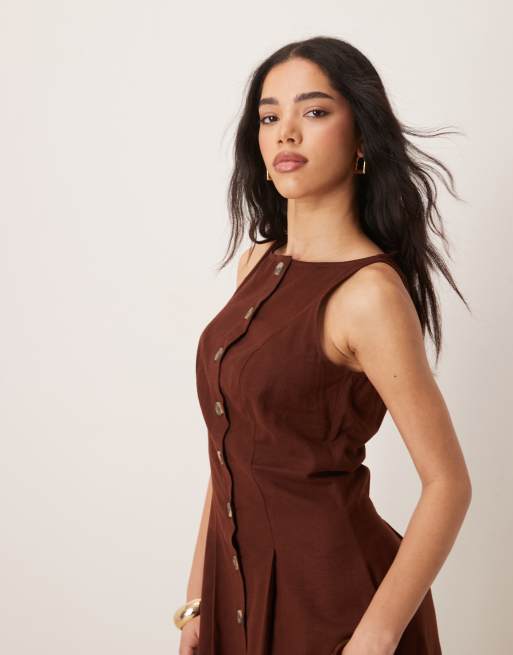 ASOS DESIGN - Robe d'été longue boutonnée style gilet de tailleur à encolure bateau - Chocolat , 2 de 4