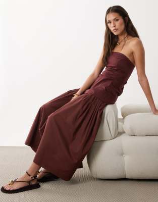 Robe d'été longue coupe bandeau en coton satiné avec jupe en popeline à taille basse - Chocolat chaud-Marron 34