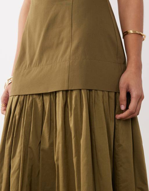 ASOS DESIGN - Robe d'été longue coupe bandeau en coton satiné avec jupe en popeline à taille basse - Olive, 2 de 4