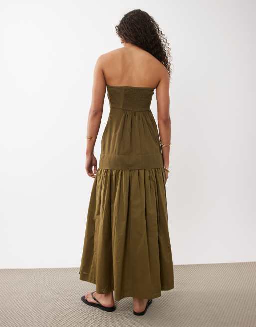 ASOS DESIGN - Robe d'été longue coupe bandeau en coton satiné avec jupe en popeline à taille basse - Olive, 4 de 4