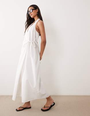 Robe d'été longue coupe portefeuille en coton et lin à dos nu - Crème-Blanc 46