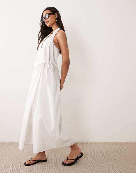 ASOS DESIGN - Robe d'été longue coupe portefeuille en coton et lin à dos nu - Crème - view 1