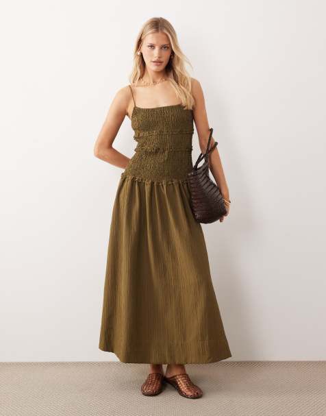 ASOS DESIGN - Robe d'été longue effet froissé à taille basse froncée - Olive - view 1