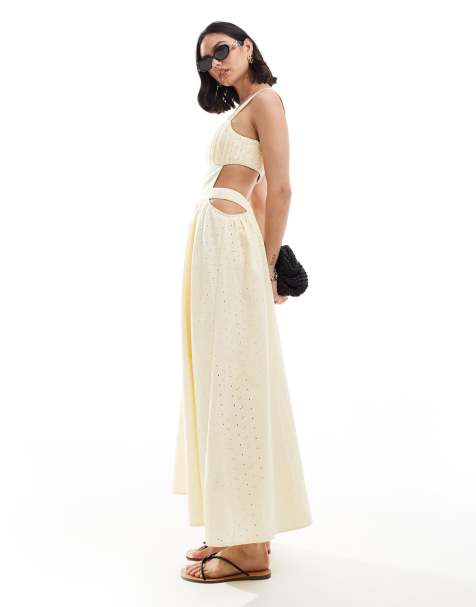 ASOS DESIGN - Robe d'été longue en broderie anglaise avec découpes et buste froncé - Jaune miellat - view 1