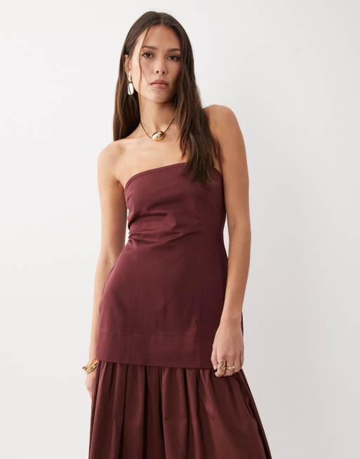 ASOS DESIGN - Robe d'été longue en coton structuré avec jupe en popeline à taille basse et bandeau - Chocolat chaud, 3 de 4