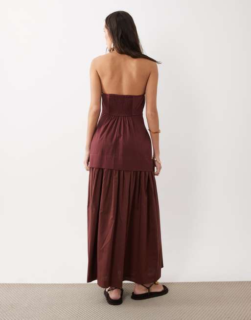 ASOS DESIGN - Robe d'été longue en coton structuré avec jupe en popeline à taille basse et bandeau - Chocolat chaud, 4 de 4