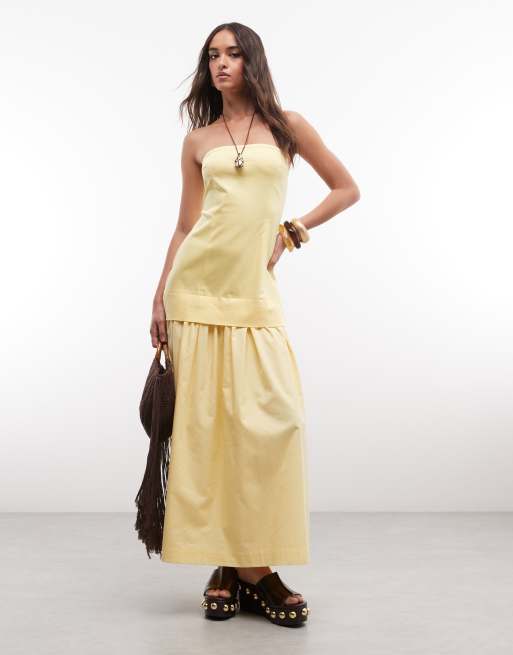 ASOS DESIGN - Robe d'été longue en coton structuré avec jupe en popeline à taille basse et encolure bandeau - Jaune beurre, 2 de 4