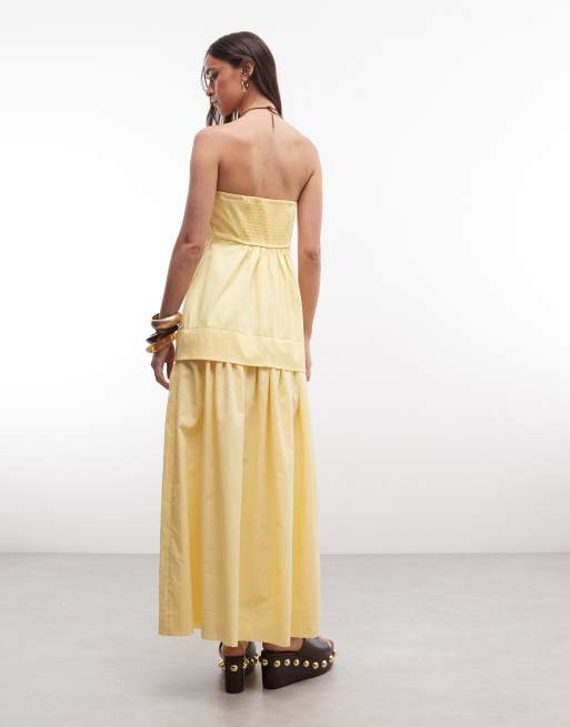 ASOS DESIGN - Robe d'été longue en coton structuré avec jupe en popeline à taille basse et encolure bandeau - Jaune beurre, 3 de 4