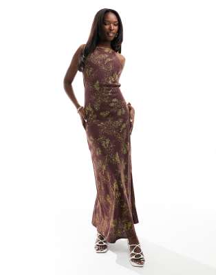 ASOS DESIGN - Robe d'été longue en lin avec imprimé fleuri et dos nageur - Chocolat