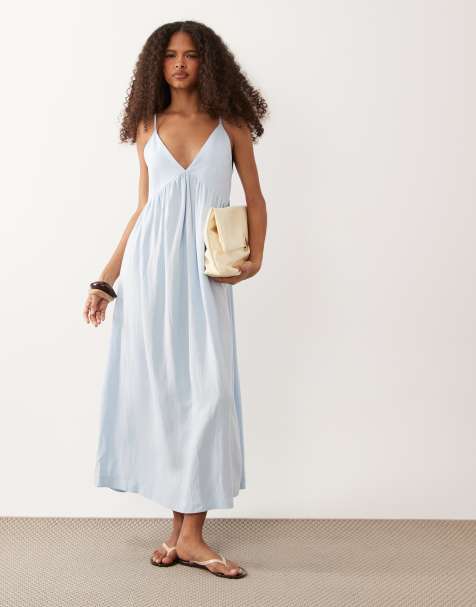 ASOS DESIGN - Robe d'été longue en lin mélangé avec décolleté plongeant en V - Bleu - view 1
