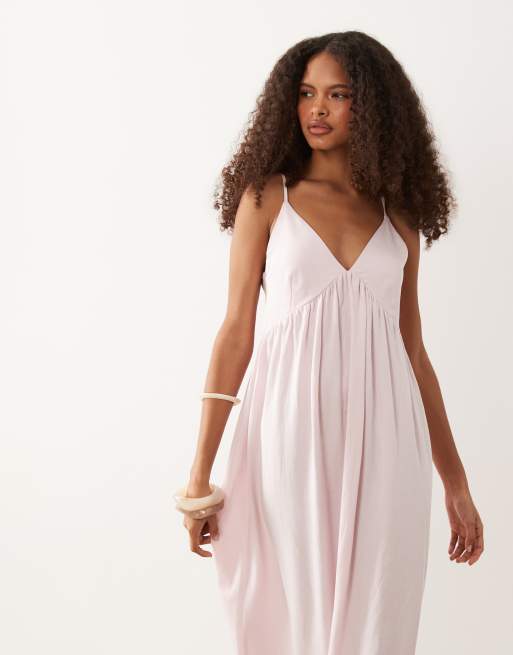 ASOS DESIGN - Robe d'été longue en lin mélangé avec décolleté plongeant en V - Rose, 2 de 4