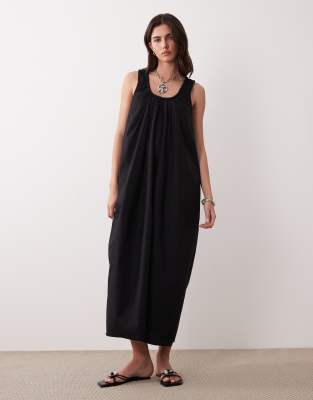 Robe d'été longue en popeline à encolure froncée - Noir 40
