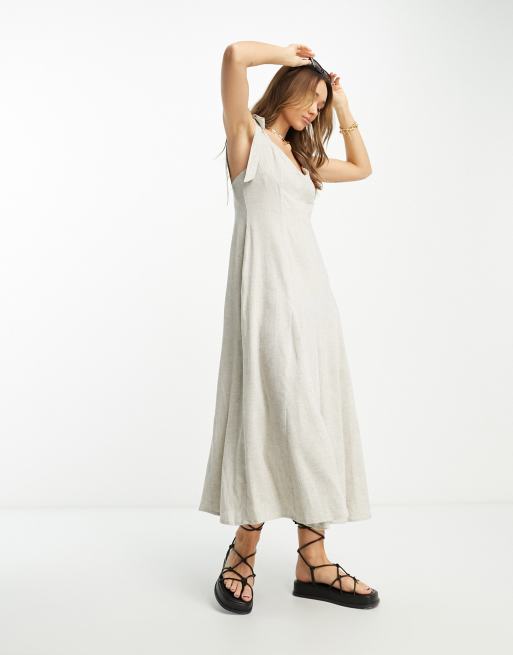 ASOS DESIGN Robe d ete longue fluide en lin avec liens a nouer et godets Naturel ASOS