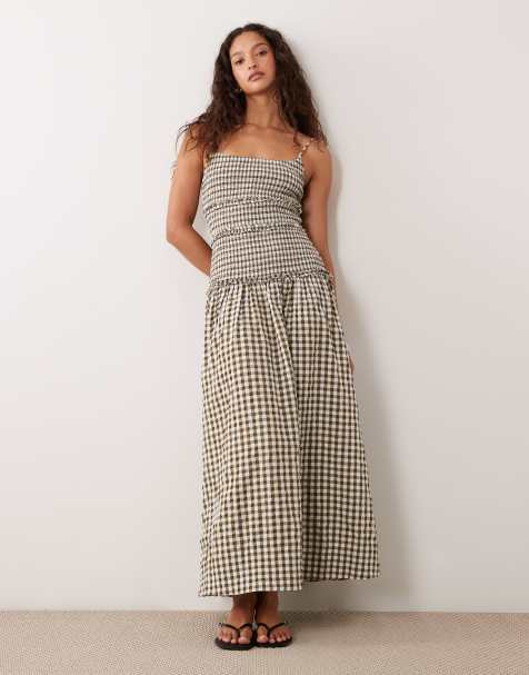 ASOS DESIGN - Robe d'été longue froissée à carreaux vichy et taille basse froncée - Olive et crème - view 1