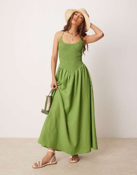 ASOS DESIGN - Robe d'été longue froissée à encolure dégagée et bretelles croisées dans le dos - Vert - view 1