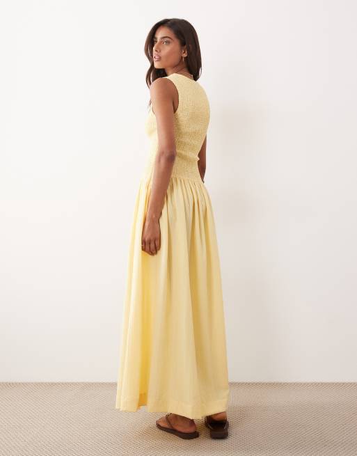 ASOS DESIGN - Robe d'été longue froissée à encolure dégagée et taille froncée - Citron, 4 de 4