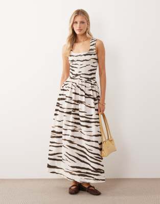 Robe d'été longue froissée à encolure dégagée et taille froncée - Imprimé animal-Multicolore 34