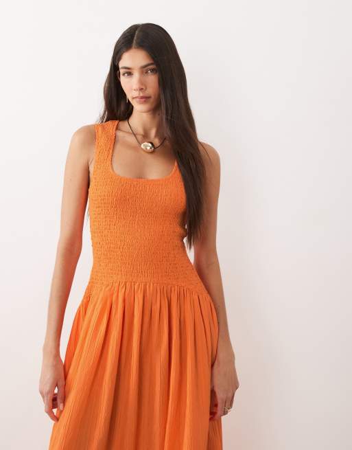ASOS DESIGN - Robe d'été longue froissée à encolure dégagée et taille froncée - Orange vif, 2 de 4