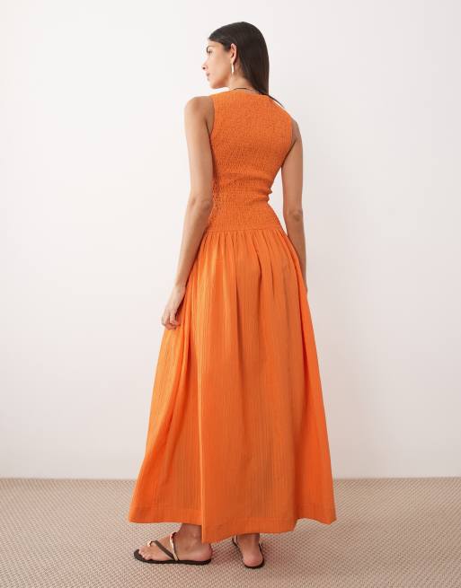 ASOS DESIGN - Robe d'été longue froissée à encolure dégagée et taille froncée - Orange vif, 4 de 4