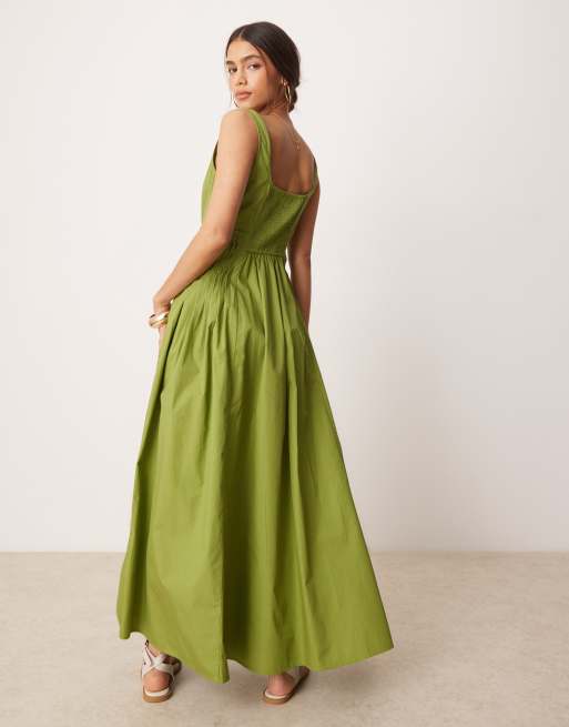 ASOS DESIGN - Robe d'été longue plissée au niveau de la taille à encolure dégagée - Olive, 4 de 4