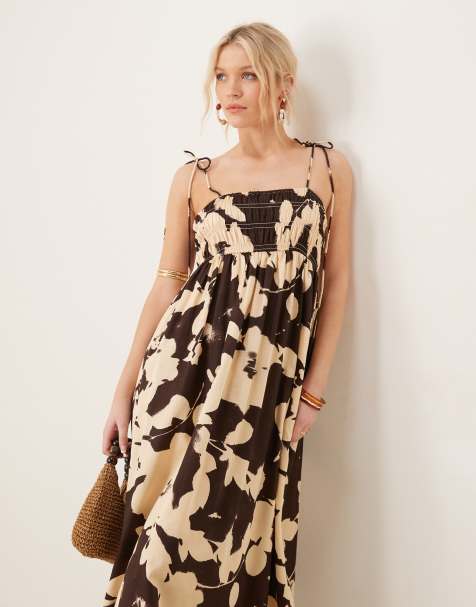 ASOS DESIGN - Robe d'été longue satinée en coton avec buste froncé - Imprimé fleurs - view 1