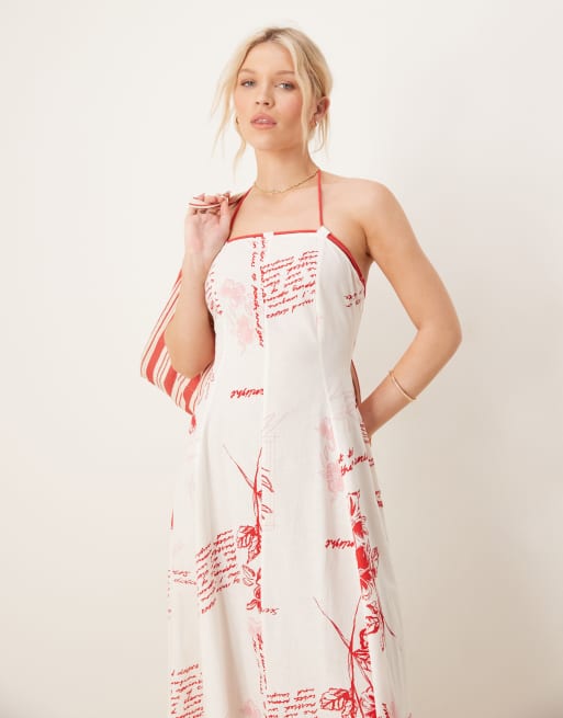 ASOS DESIGN - Robe d'été longueur mollet à encolure carrée et bordure en corde - Fleurs rouges, 2 de 4
