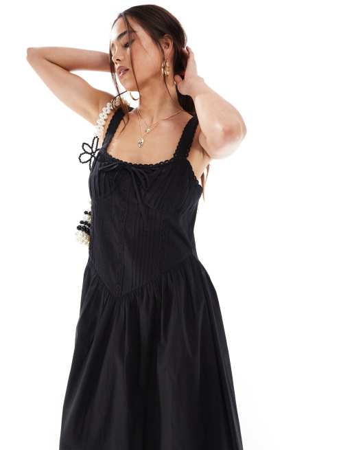 ASOS DESIGN - Robe d'été mi-longue avec corsage corseté et finitions en dentelle - Noir, 2 de 4
